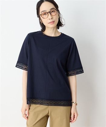 【冷感】【UVカット】ひやさらコットンプレミアムレースＴシャツ(ネイビー-M)