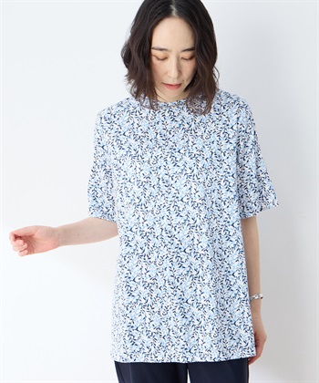 【冷感】【UVカット】ひやさらコットンプレミアム袖ギャザーチュニックTシャツ(サックス-M)