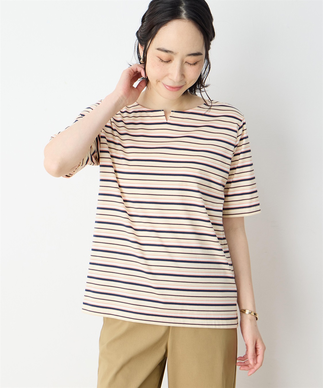 DECOY 【冷感】【UVカット】ひやさらコットンプレミアムマルチボーダーＴシャツ_variation_2