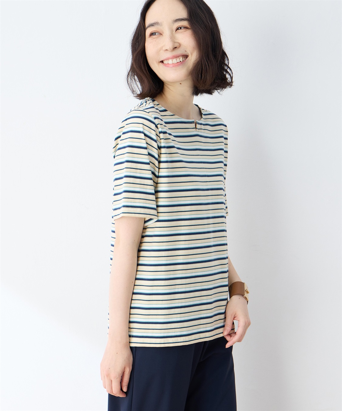 DECOY 【冷感】【UVカット】ひやさらコットンプレミアムマルチボーダーＴシャツ_variation_3