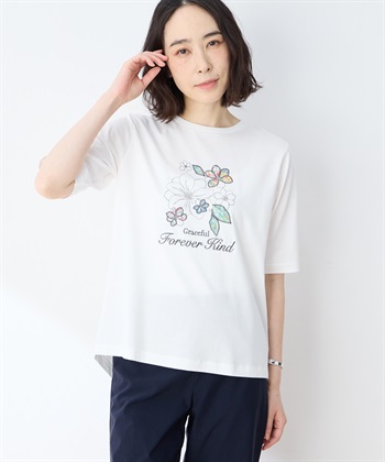 【冷感】【UVカット】ひやさらコットン　プリント＆刺繍Tシャツ(ホワイト-M)
