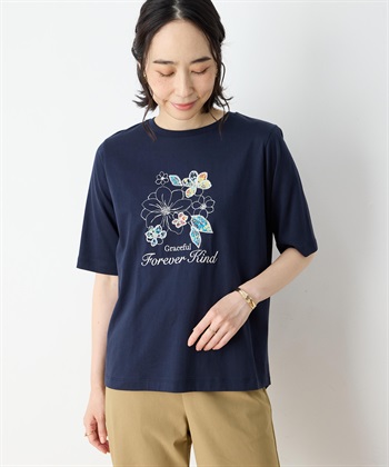 【冷感】【UVカット】ひやさらコットン　プリント＆刺繍Tシャツ(ネイビー-M)