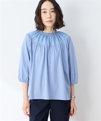 シャーリング襟ドッキングプルオーバー(ブルー-M)