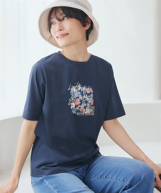 【ひやさらコットン】フラワープリントTシャツ【綿100％・接触冷感・UVカット】