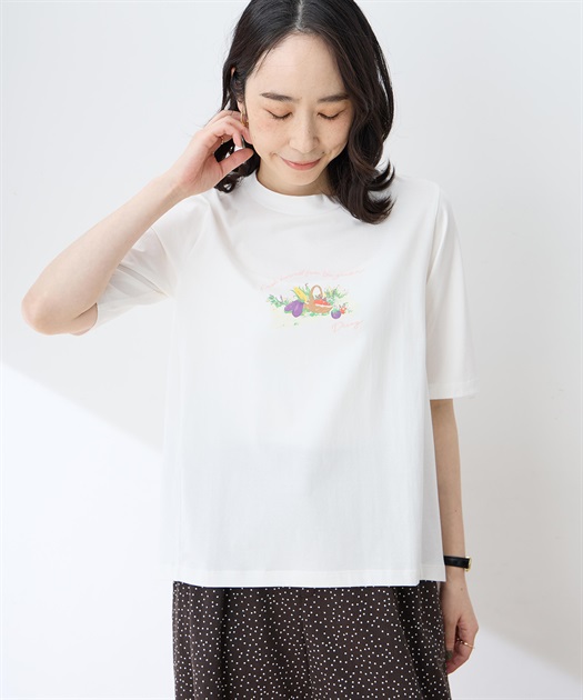 【ひやさらコットン】モックネックベジタブルプリント5分袖Tシャツ【綿100％・接触冷感・UVカット】