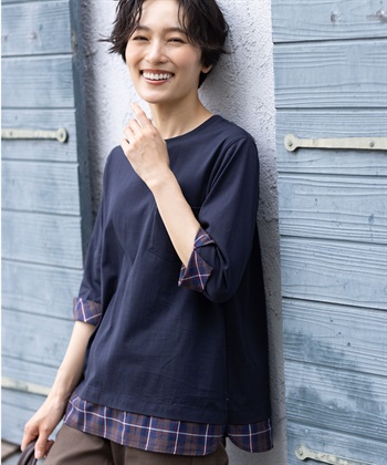 DECOY 【chiyoさんコラボ】ロンドンマーチチェックドッキング7分袖プルオーバー【オーガニックコットンブレンド】