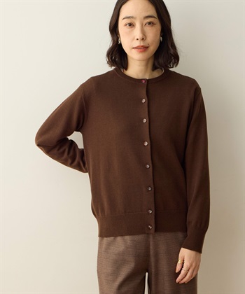 クルーネックニットカーディガン(ブラウン-M)