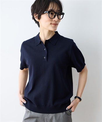 ポロカラーニット【ハンドウォッシャブル】(ネイビー-M)