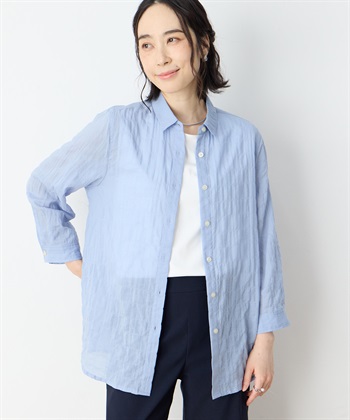 新品未使用 ウィルフリー　刺繍ブラウス　シャツ シワ加工　長袖 半袖2way シワ加工 襟ワイヤー入 総柄 長袖シャツ L レギュラーカラー