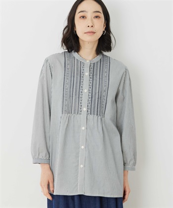 刺しゅうストライプブラウス(ネイビー-9号)
