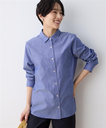 レギュラーカラーシャツブラウス【綿100％・シワになりにくい】(ネイビー-9号)