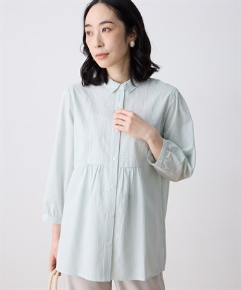 刺しゅうストライプブラウス(グリーン-9号)