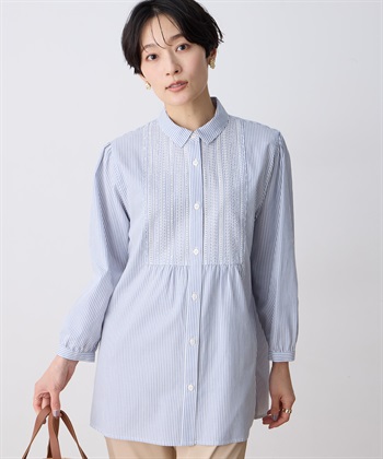 刺しゅうストライプブラウス(ブルー-9号)
