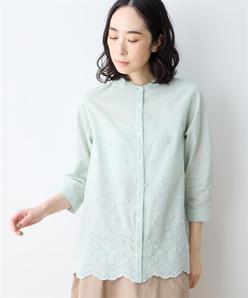 フラワープリント刺繍ブラウス(グリーン-9号)