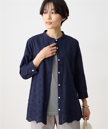 フラワープリント刺繍ブラウス(ネイビー-9号)