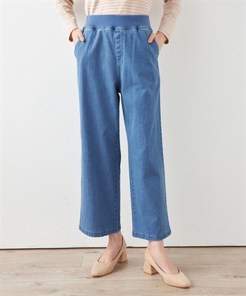 ストレッチデニムワイドパンツ【リブウエスト】(ブルー-64cm)