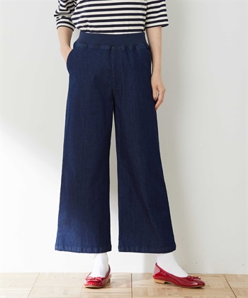 ストレッチデニムワイドパンツ【リブウエスト】(ネイビー-64cm)
