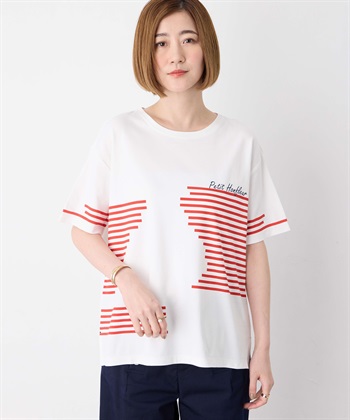 【冷感】デザインボーダーＴシャツ(レッド-M)