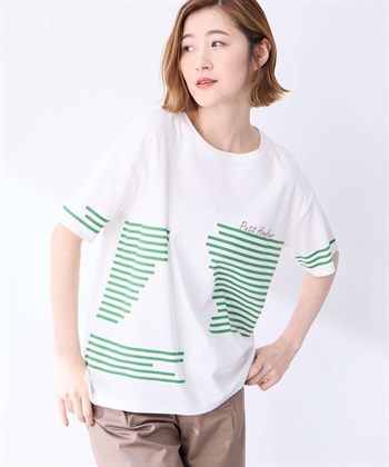 【冷感】デザインボーダーＴシャツ(グリーン-M)