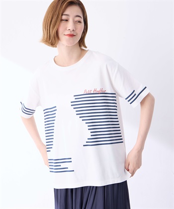 【冷感】デザインボーダーＴシャツ(ネイビー-M)