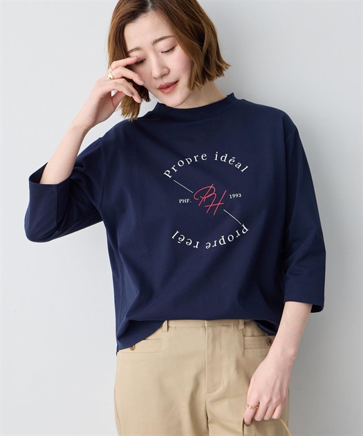 ロゴプリントモックネックＴシャツ【オーガニックコットンブレンド】