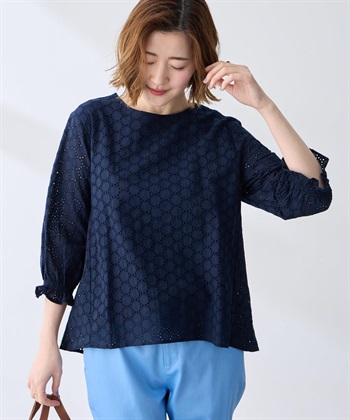 レースシャーリング袖ブラウス(ネイビー-M)