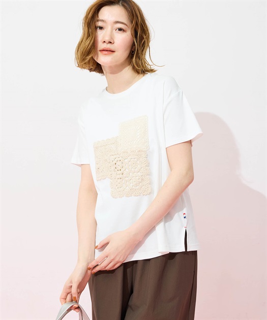 モチーフレースTシャツ【オーガニックコットンブレンド・接触冷感・UVカット】