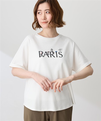 【イラストレーターコラボ】PARISロゴプリントTシャツ【接触冷感・UVカット・オーガニックコットンブレンド】(ホワイト-M)