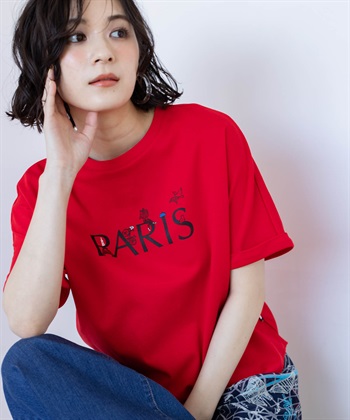 【イラストレーターコラボ】PARISロゴプリントTシャツ【接触冷感・UVカット・オーガニックコットンブレンド】(レッド-M)