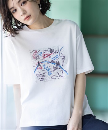 【イラストレーターコラボ】マップモチーフプリントTシャツ【接触冷感・UVカット・オーガニックコットンブレンド】(ホワイト-M)
