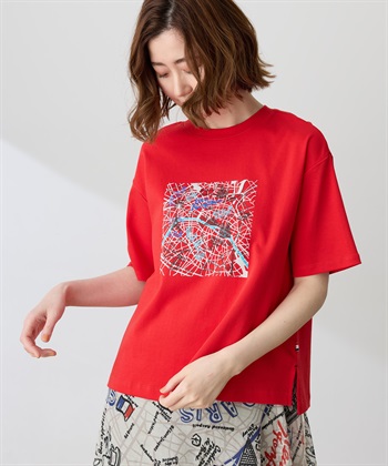 【イラストレーターコラボ】マップモチーフプリントTシャツ【接触冷感・UVカット・オーガニックコットンブレンド】(レッド-M)