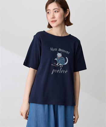 【イラストレーターコラボ】猫プリントTシャツ【接触冷感・UVカット・オーガニックコットンブレンド】(ネイビー-M)