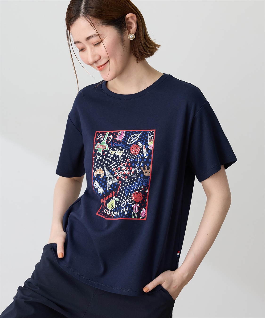 Petit Honfleur 【イラストレーターコラボ】ドットモチーフプリントTシャツ【接触冷感・UVカット・オーガニックコットンブレンド】_main