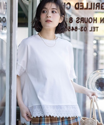 刺しゅうレースドッキングカットプルオーバー【接触冷感・UVカット・オーガニックコットンブレンド】(ホワイト-M)