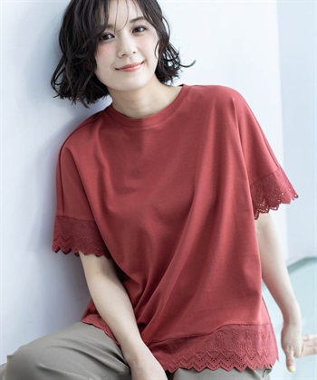 刺しゅうレースドッキングカットプルオーバー【接触冷感・UVカット・オーガニックコットンブレンド】(オレンジ-M)