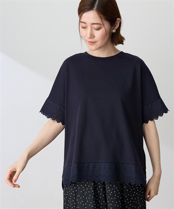 刺しゅうレースドッキングカットプルオーバー【接触冷感・UVカット・オーガニックコットンブレンド】(ネイビー-M)