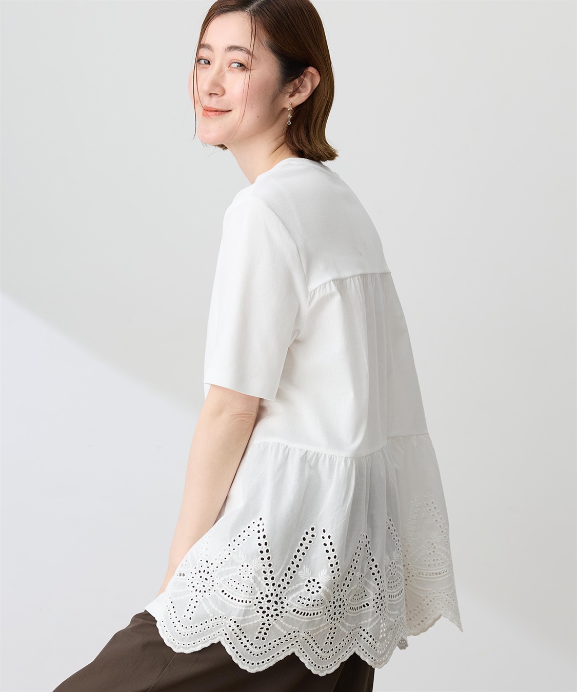 Petit Honfleur バックレースドッキングチュニックTシャツ【接触冷感・UVカット・オーガニックコットンブレンド】_main