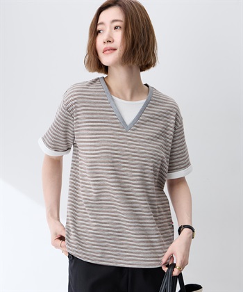 Petit Honfleur レイヤード風ボーダーVネックTシャツ_variationthumb_1