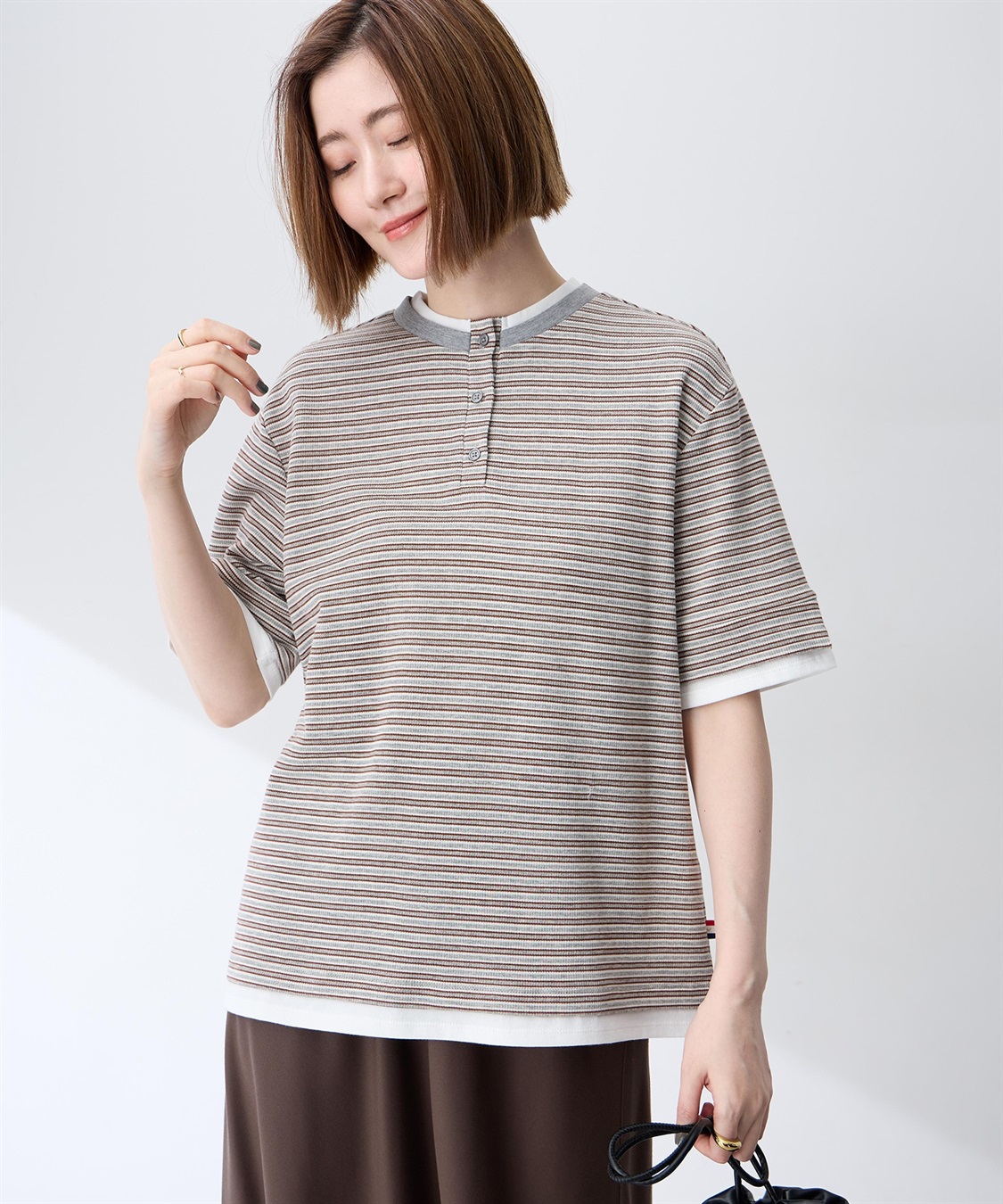 Petit Honfleur レイヤード風ヘンリーネックボーダーTシャツ_variation_1