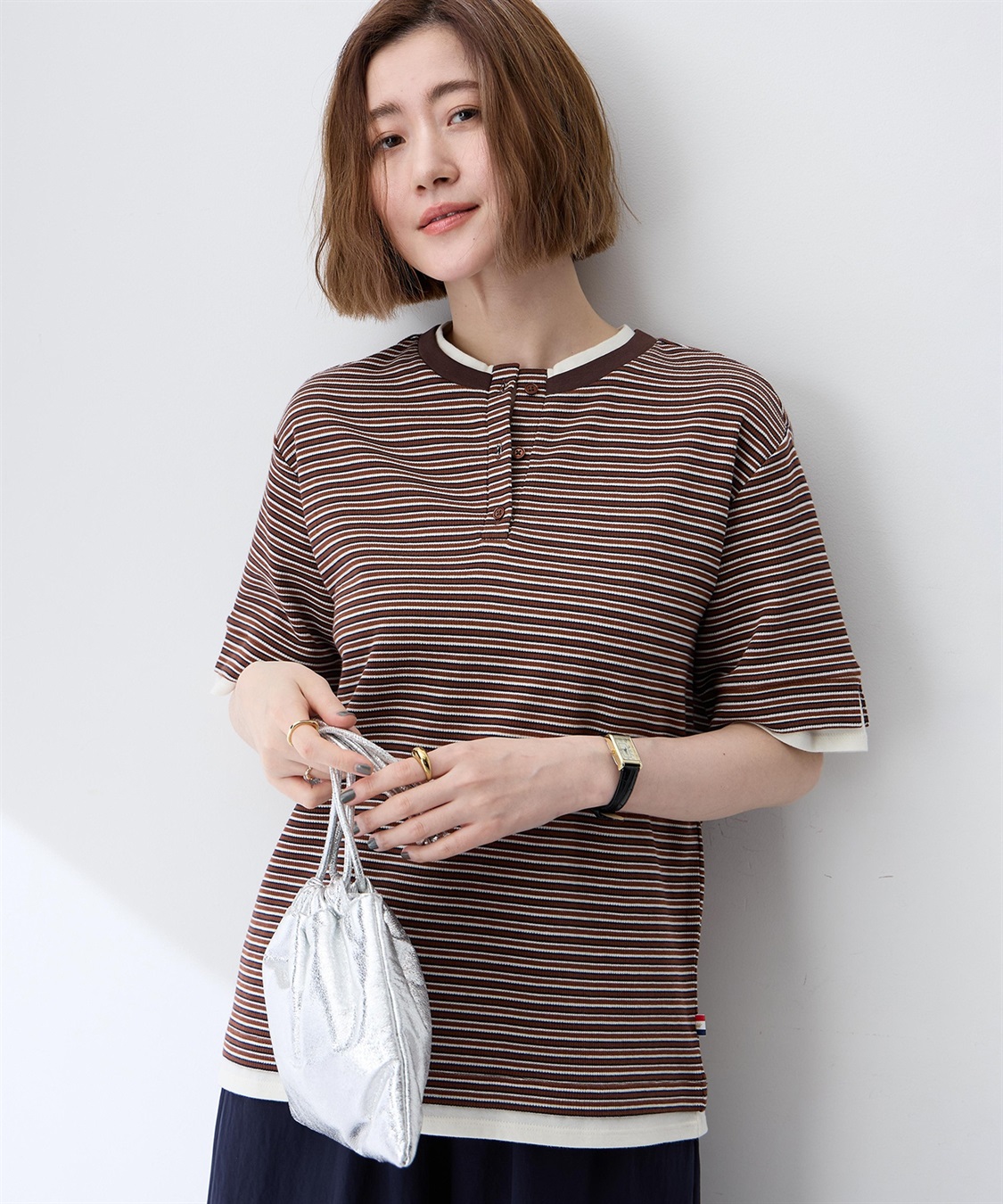 Petit Honfleur レイヤード風ヘンリーネックボーダーTシャツ_variation_2