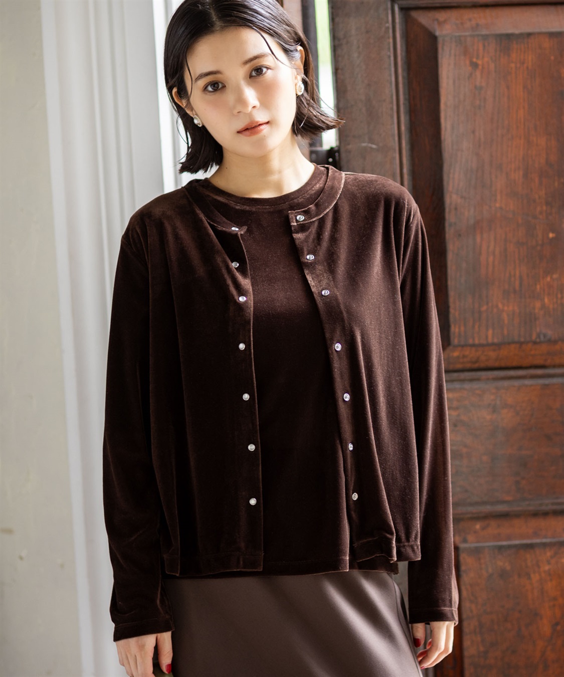 Petit Honfleur 【アンサンブル2点セット】ベロアクルーネックカーディガン＆ベロア5分袖Tシャツ_main