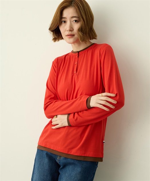 ヘンリーネックレイヤード風ロングTシャツ