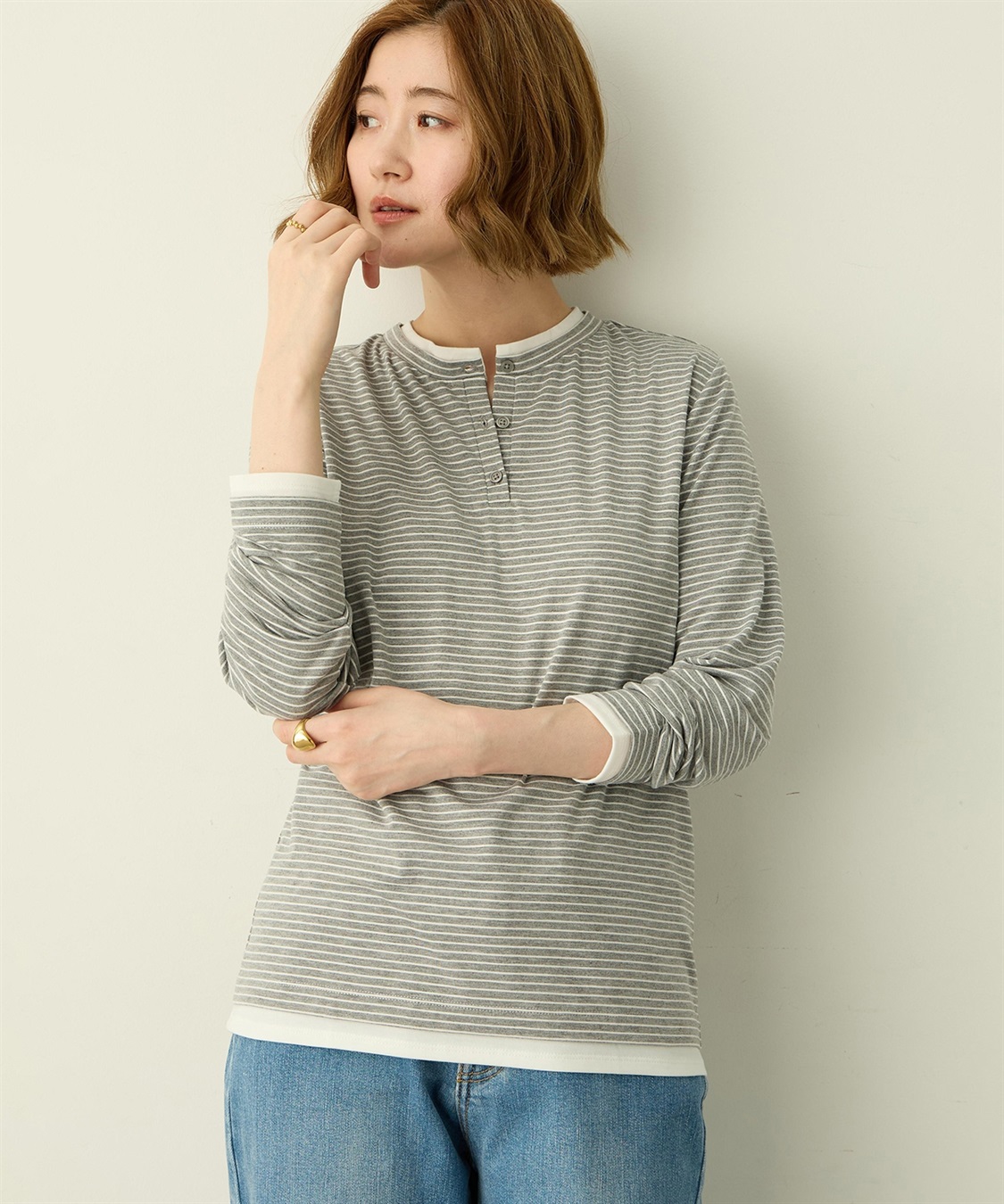 Petit Honfleur ヘンリーネックレイヤード風ロングTシャツ_variation_1