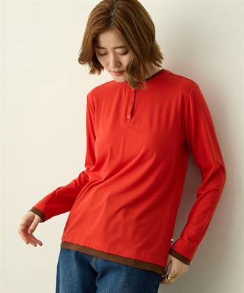 ヘンリーネックレイヤード風ロングTシャツ(レッド-M)