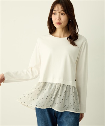 裾切替レイヤードロングスリーブTシャツ【ドット・レース】(アイボリー-M)