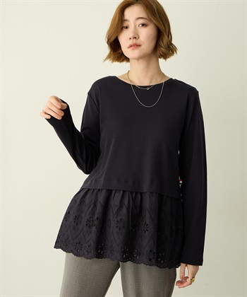 裾切替レイヤードロングスリーブTシャツ【ドット・レース】(ネイビー-M)