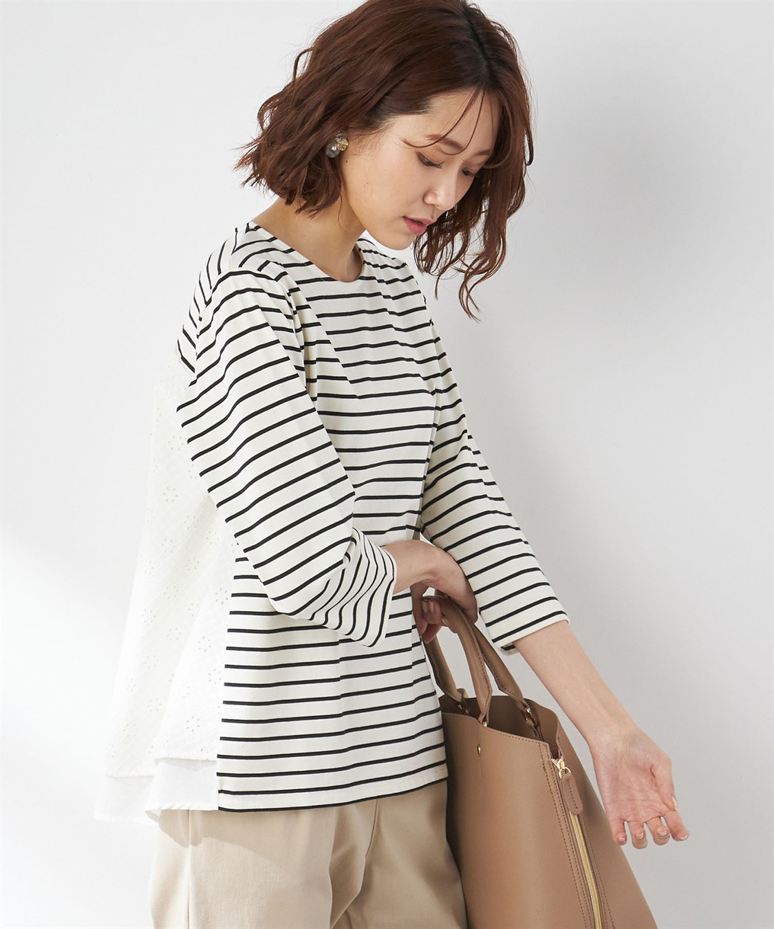 Petit Honfleur オーガニックコットンレース切替ボーダープルオーバー_variation_1