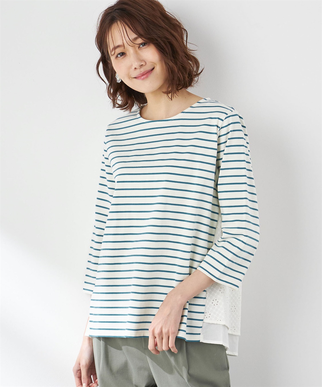 Petit Honfleur オーガニックコットンレース切替ボーダープルオーバー_variation_2