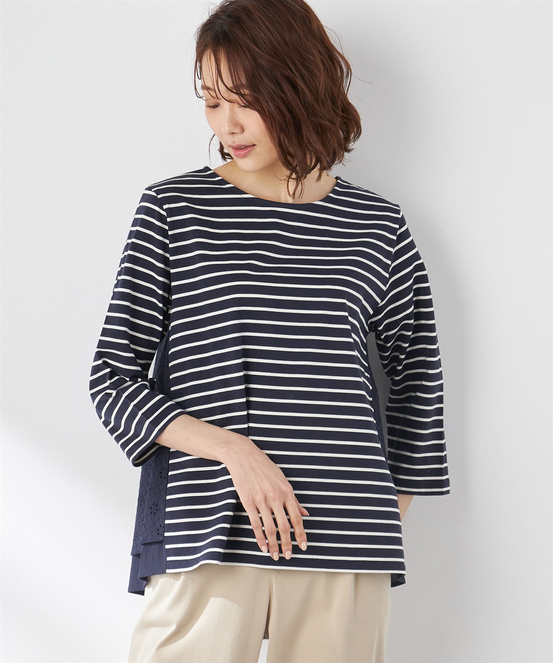 Petit Honfleur オーガニックコットンレース切替ボーダープルオーバー_variation_3