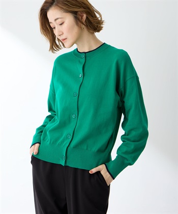 バイカラーニットカーディガン(グリーン-M)